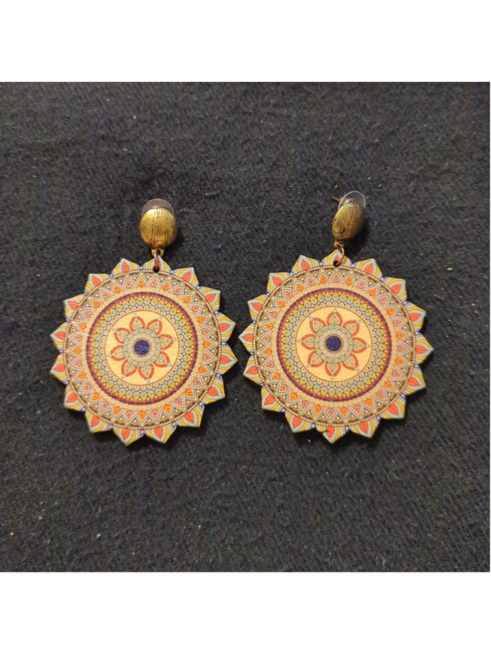 Cream Blue Yellow Orange Wooden Mandala Drop Lightweight Statement Earrings